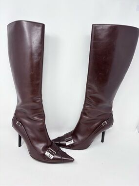 Vintage Dior Galliano Brown Knee High Leather Boot Pointed Toe Slim Buckle 39.5